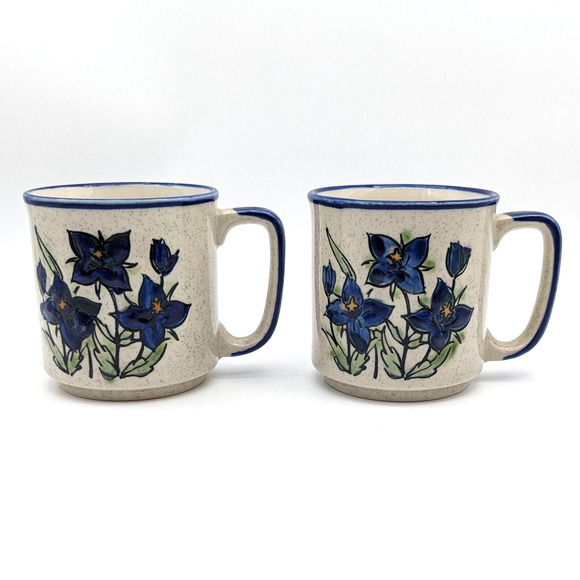 60s Stoneware Blue Flower Mugs Pair Speckled w/ Blue Trim Vintage Japan Otagiri? - Picture 6 of 11